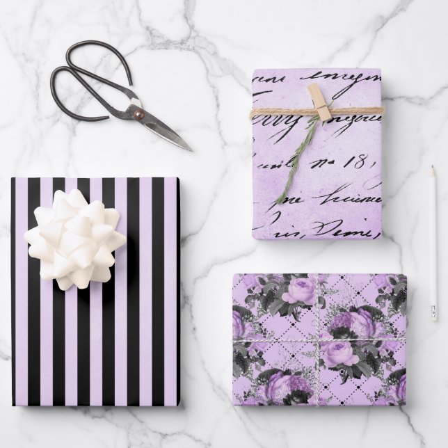 FEUILLE DE PAPIER CADEAU FLEURS ET MOTIFS D'ARGENT NOIR PURPLE (Recto)