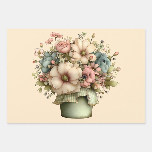 Feuille De Papier Cadeau Fleurs Fantaisistes dans un Pot de Fleurs Mignon (Devant)