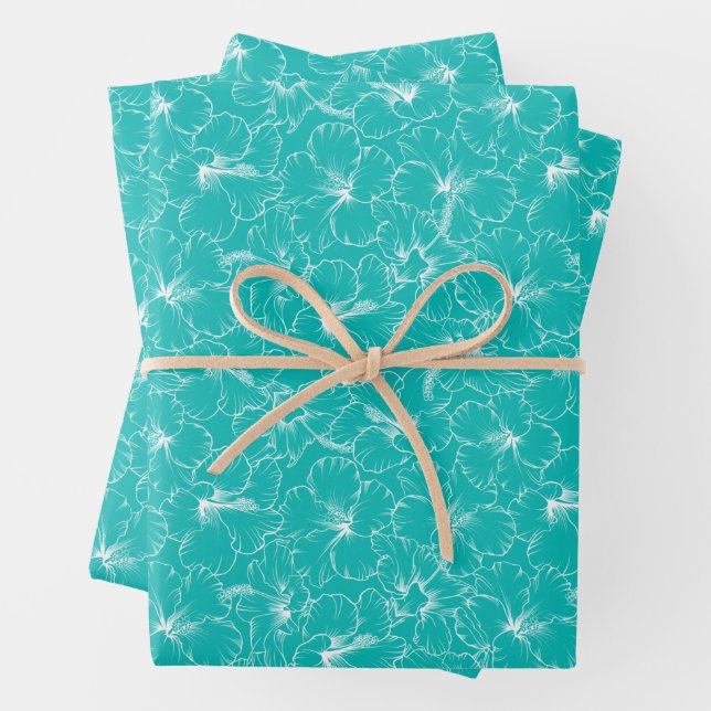 Feuille De Papier Cadeau Fleurs florissantes sur Turquoise (En situation)