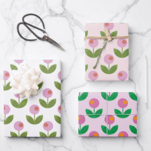 Feuille De Papier Cadeau Fleurs géométriques rose et vert