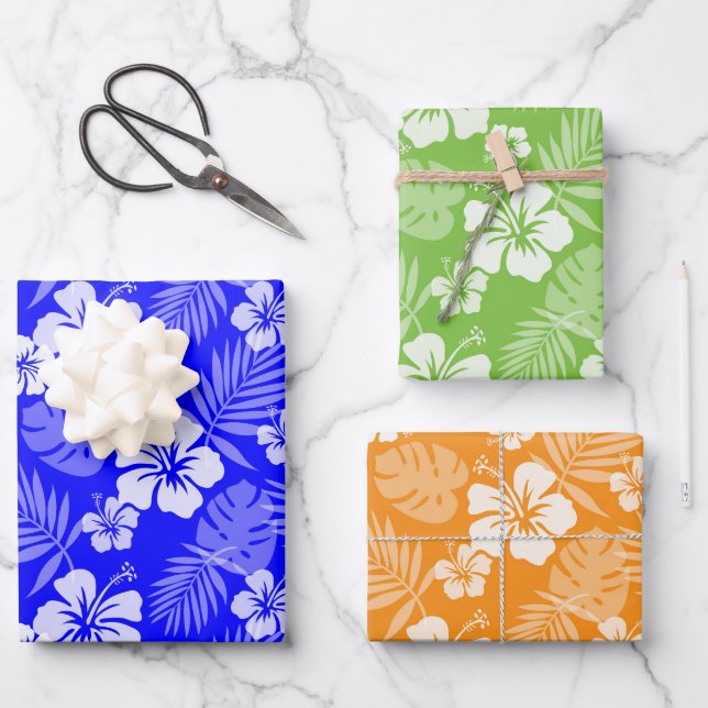 FEUILLE DE PAPIER CADEAU FLEURS HIBISCUS TROPICALES D'ORANGE VERT BLEU (Recto)