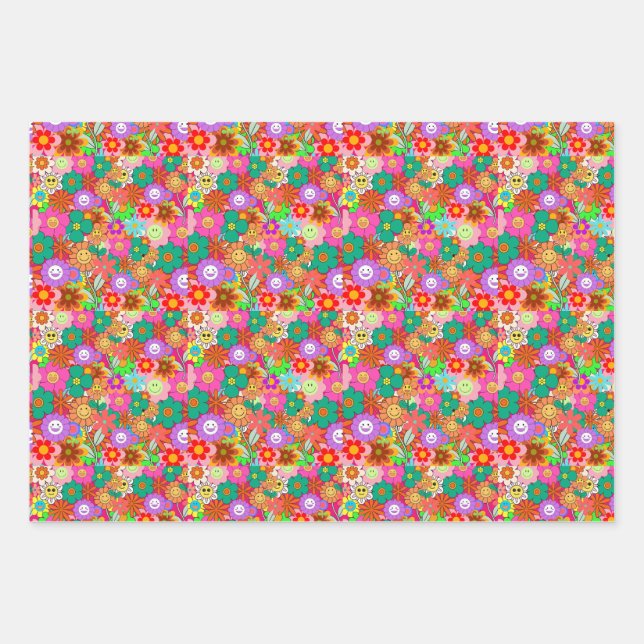 Feuille De Papier Cadeau Fleurs hippies Boho Super rétros (Devant)