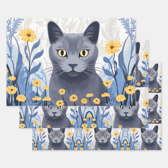 Feuille De Papier Cadeau Fleurs Jaunes Chat Bleu Russe (Lot)