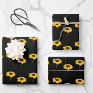Feuille De Papier Cadeau Fleurs jaunes sur le noir