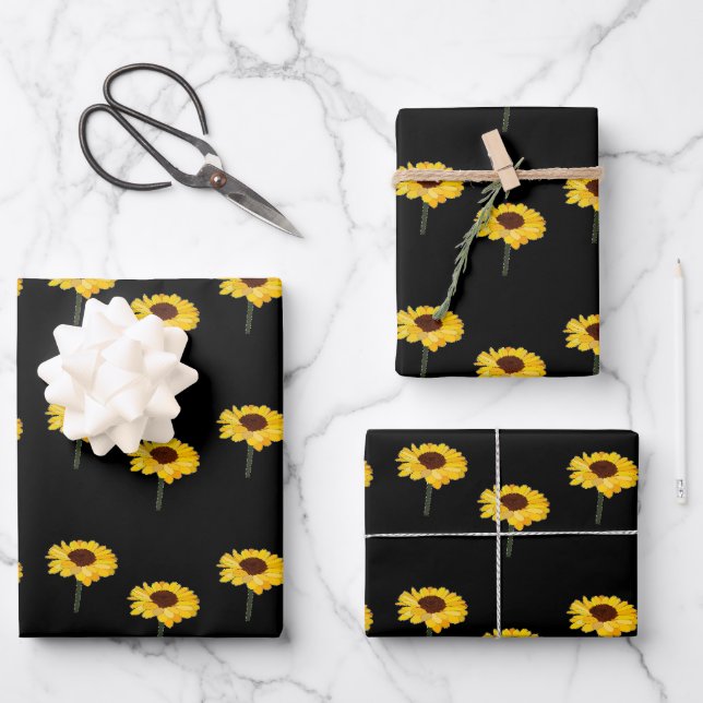 Feuille De Papier Cadeau Fleurs jaunes sur le noir (Recto)