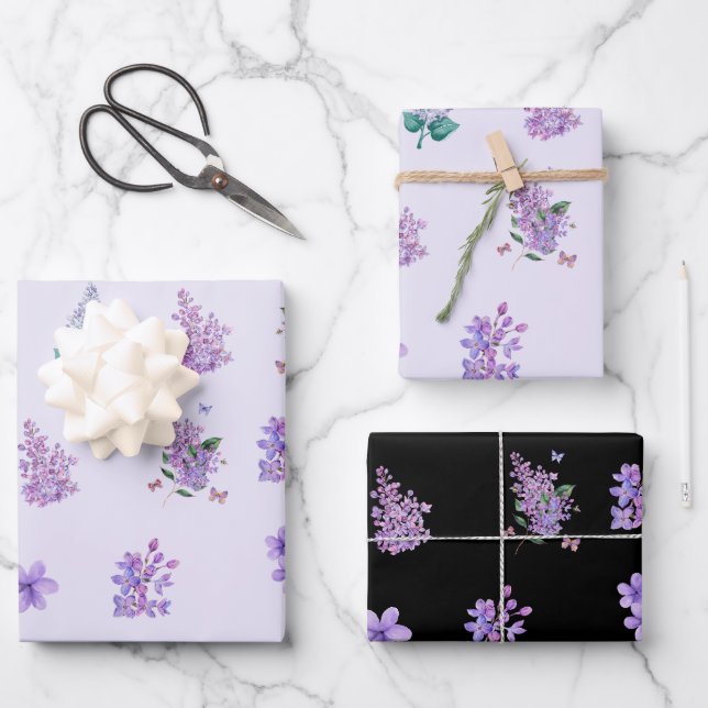 Feuille De Papier Cadeau Fleurs Lilac élégantes Noir et clair violet (Recto)