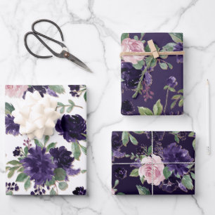 Feuille De Papier Cadeau Fleurs luxuriantes   Motif floral pourpre et rose