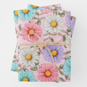 Feuille De Papier Cadeau Fleurs marguerites colorées rose