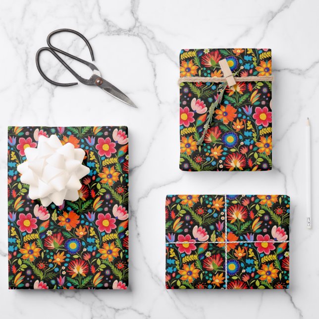 Feuille De Papier Cadeau Fleurs mexicaines de fiesta carrelées (Recto)
