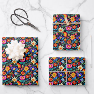 Feuille De Papier Cadeau Fleurs mexicaines de fiesta carrelées