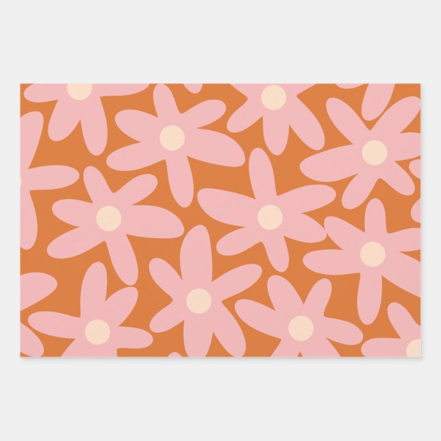 Feuille De Papier Cadeau Fleurs mignonnes motifs floraux en orange et rose (Devant)