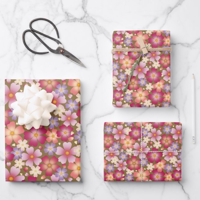Feuille De Papier Cadeau Fleurs mixtes rêvées sur vert olive (Recto)