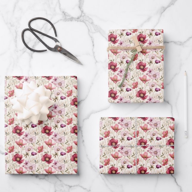 Feuille De Papier Cadeau Fleurs Mixtes sur Ivoire (Recto)