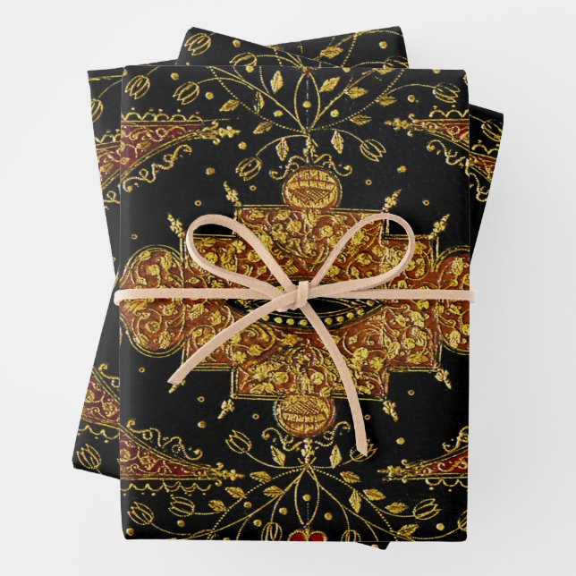 Feuille De Papier Cadeau Fleurs noires et dorées tombées (En situation)