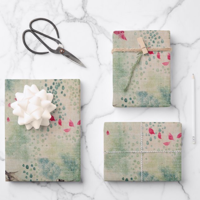 Feuille De Papier Cadeau Fleurs, oiseaux et poissons (Recto)