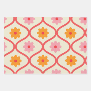 Feuille De Papier Cadeau Fleurs orange et rose rétro sur motif Ogee 