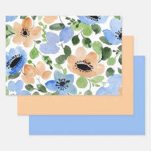 Feuille De Papier Cadeau Fleurs partout, Pêche, Bleu, Aquarelle verte