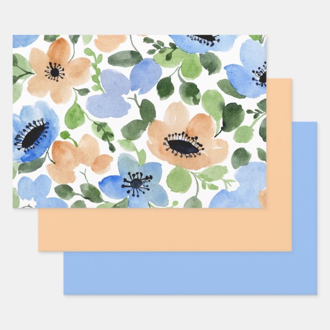 Feuille De Papier Cadeau Fleurs partout, Pêche, Bleu, Aquarelle verte (Lot)