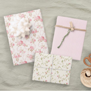 Feuille De Papier Cadeau Fleurs pastel roses roses rayures élégantes de mar