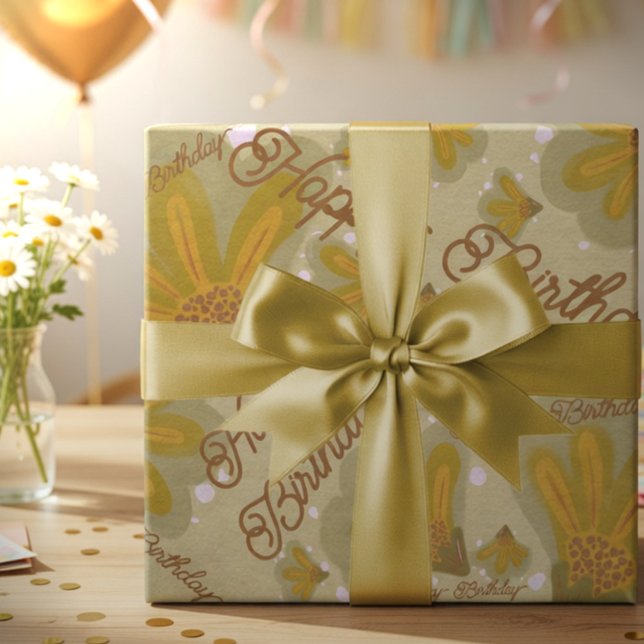 Feuille De Papier Cadeau Fleurs peintes à la main dorées (Flowers, fun, and a birthday twist. Bright blooms with customizable text, all hand drawn for you.)