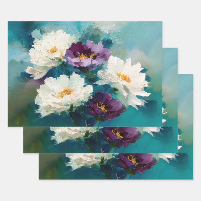 Feuille De Papier Cadeau Fleurs peintes sarcelle et violet (Lot)