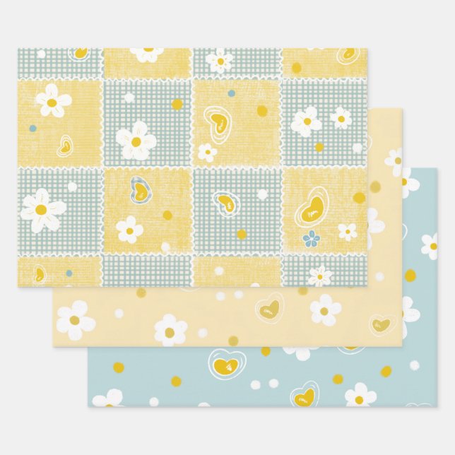 Feuille De Papier Cadeau Fleurs printanières pastel et cœurs (Lot)