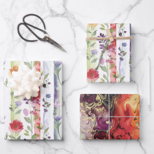 Feuille De Papier Cadeau Fleurs rayées orange rouge violet pour la douche d