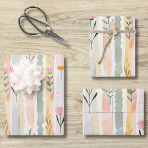 Feuille De Papier Cadeau Fleurs rayées pastel aquarelle vintage