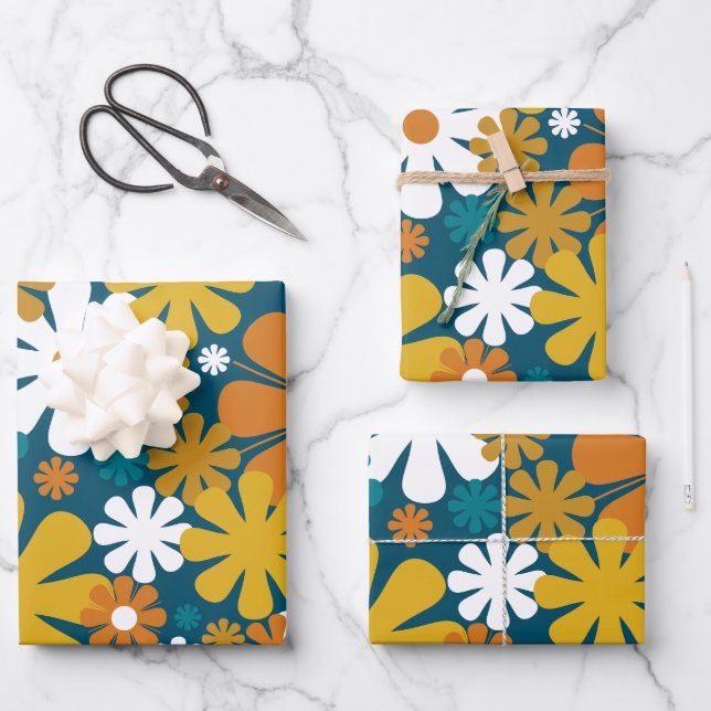 Feuille De Papier Cadeau Fleurs rétro 60s les années 70 esthétique motif fl (Recto)