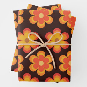 Feuille De Papier Cadeau Fleurs rétro des années 70 en motif orange jaune r