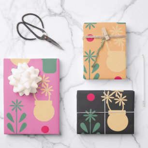 Feuille De Papier Cadeau Fleurs Rétro en Pot Jaune Motif de Jardin