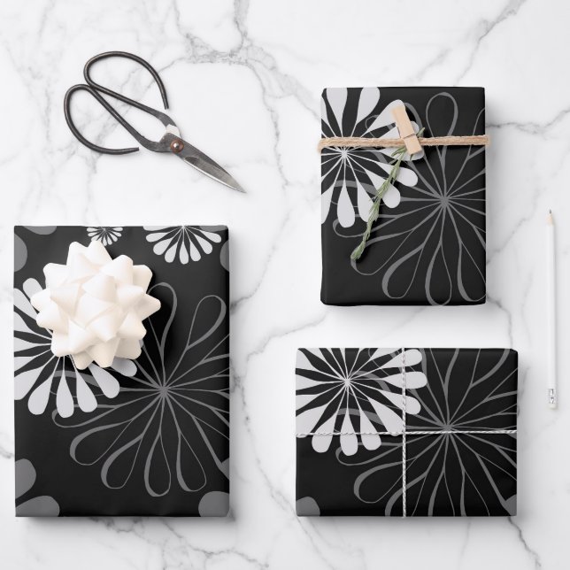 Feuille De Papier Cadeau Fleurs rétro noir et blanc (Recto)