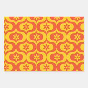 Feuille De Papier Cadeau Fleurs Rétro sur Motif Ogee Jaune et Rouge 
