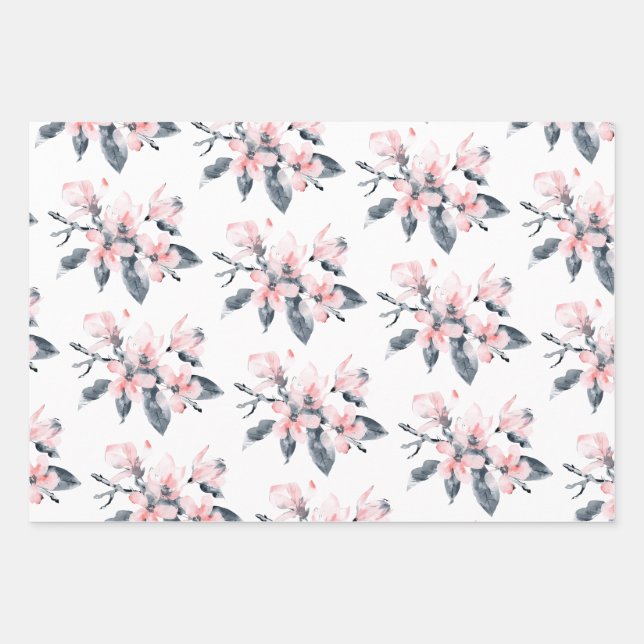 Feuille De Papier Cadeau Fleurs rose et gris Motif Aquarelle classique (Devant)