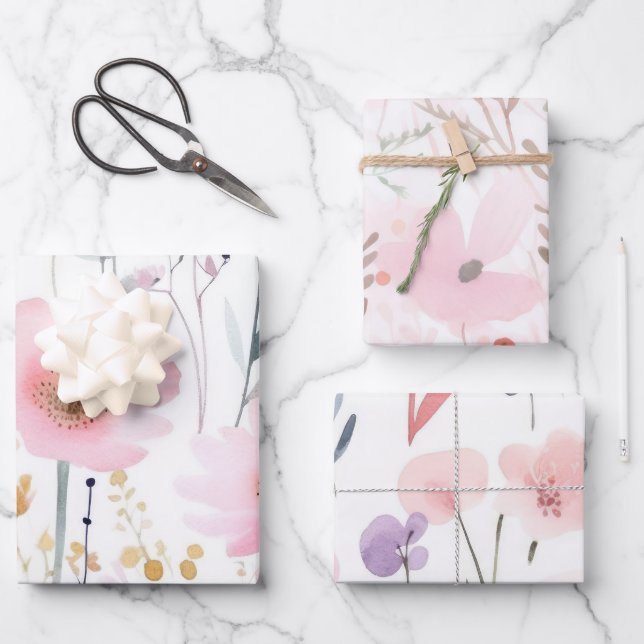 Feuille De Papier Cadeau Fleurs roses à l'aquarelle (Recto)