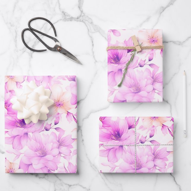 Feuille De Papier Cadeau Fleurs roses délicates à l'aquarelle  (Recto)