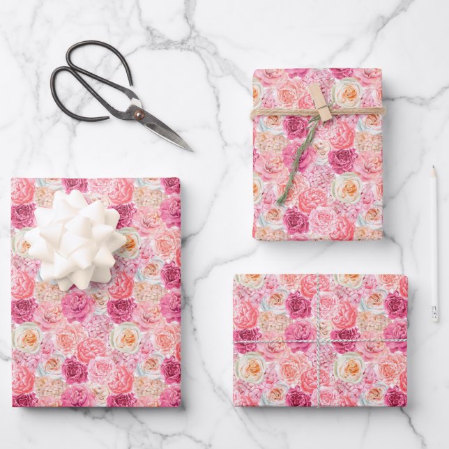 Feuille De Papier Cadeau Fleurs roses et blanches pour son anniversaire et  (Recto)