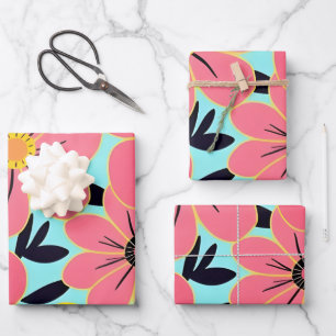 Feuille De Papier Cadeau Fleurs roses et jaunes sur Sky Blue -Dopamine