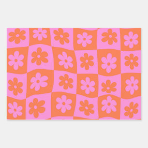 Feuille De Papier Cadeau Fleurs Roses et Orange Rétro Déformées à Carreaux
