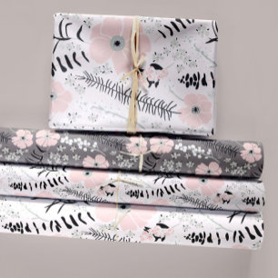 Feuille De Papier Cadeau Fleurs Roses Noir Botanique Découpage Cadeau