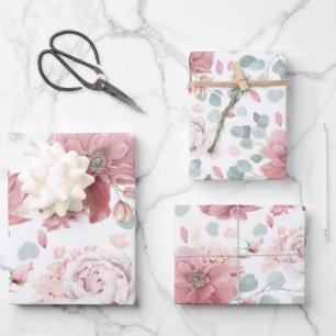 Feuille De Papier Cadeau Fleurs roses poussiéreuses Élégant Motif botanique