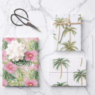 Feuille De Papier Cadeau Fleurs roses tropicales Mariage de palmiers d'or