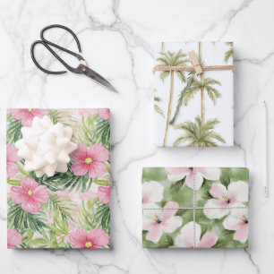 Feuille De Papier Cadeau Fleurs roses tropicales Palm Trees Mariage