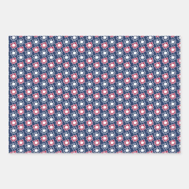 Feuille De Papier Cadeau Fleurs rouges, blanches et bleues (Devant)