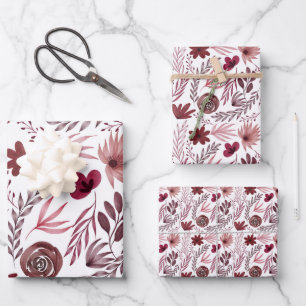 Feuille De Papier Cadeau Fleurs rouges bordeaux élégantes aquarelle flora