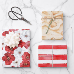 Feuille De Papier Cadeau Fleurs rouges et blanches Cœurs de sable Mariage