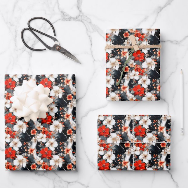 Feuille De Papier Cadeau Fleurs rouges et blanches sur marbre (Recto)