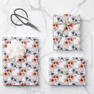 Feuille De Papier Cadeau Fleurs rouges et bleues sur fond blanc