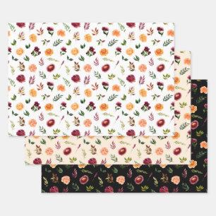 Feuille De Papier Cadeau Fleurs rouges et orange avec Motif de feuillage