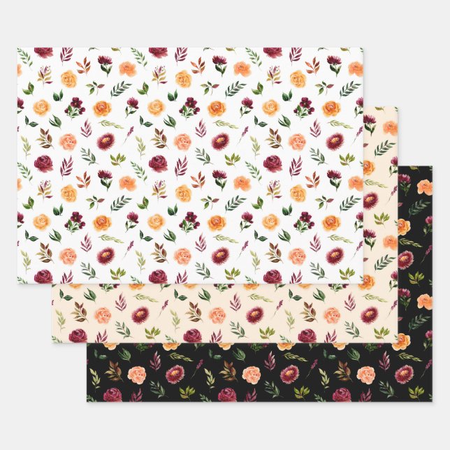 Feuille De Papier Cadeau Fleurs rouges et orange avec Motif de feuillage (Lot)